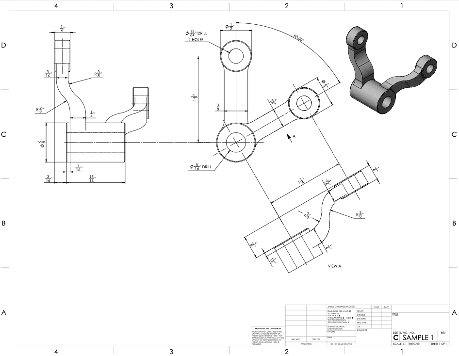 The same bell crank redrawn as a modern dimensioned CAD drawing, with a shaded 3D view of the solid model in the corner.