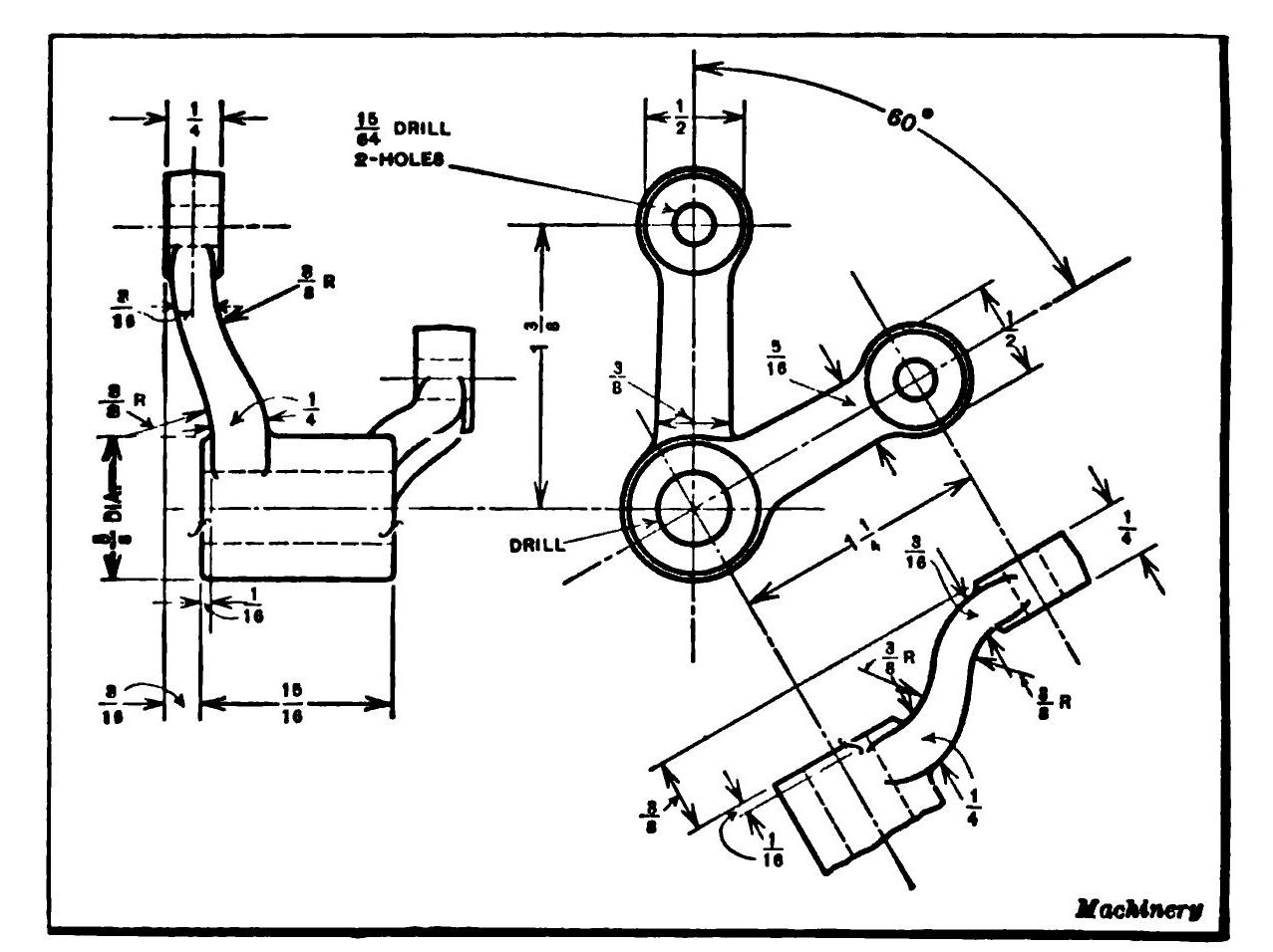 Scanned textbook drawing of a bell crank: two arms at 60 degrees from a drilled central hub, dimensioned in fractional inches, shown in side, plan and auxiliary views.