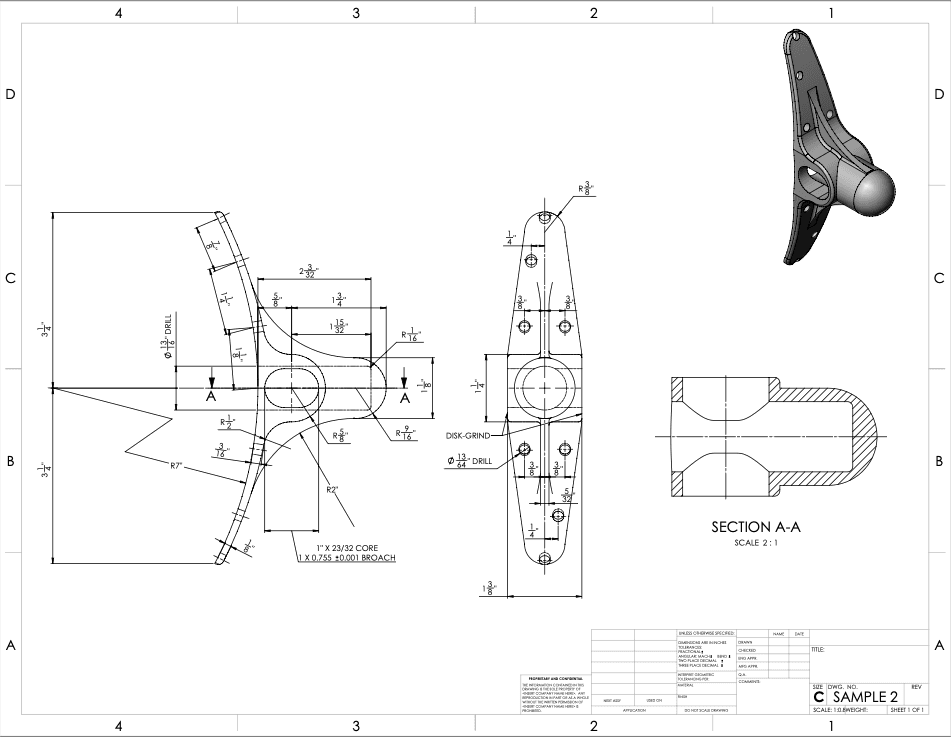 The same brake band anchor redrawn as a modern dimensioned CAD drawing, including section A-A, with a shaded 3D view of the solid model.