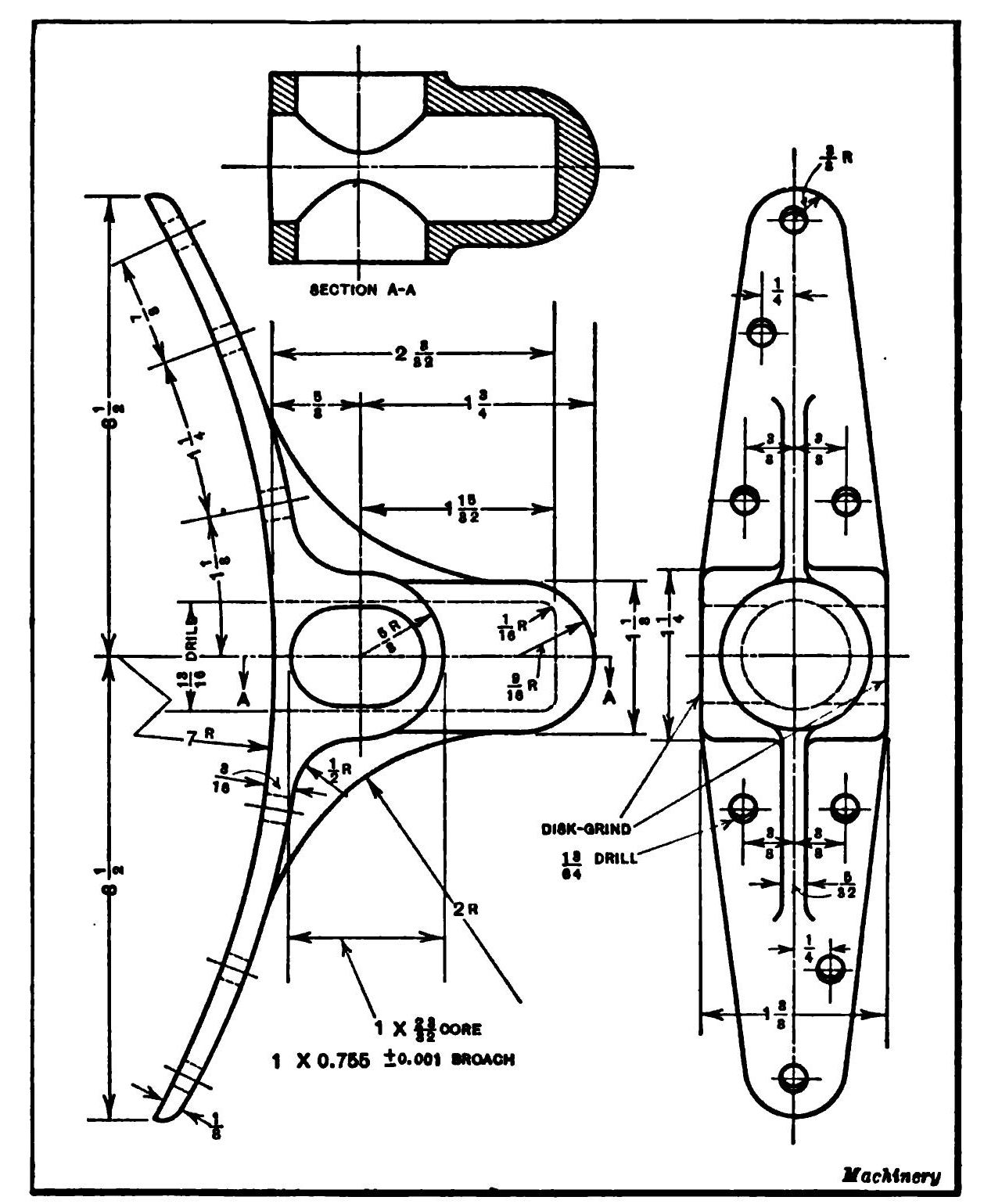 Scanned textbook drawing of a brake band anchor: a curved arm with a central boss carrying a cored and broached opening, shown in side view, front view and section A-A.