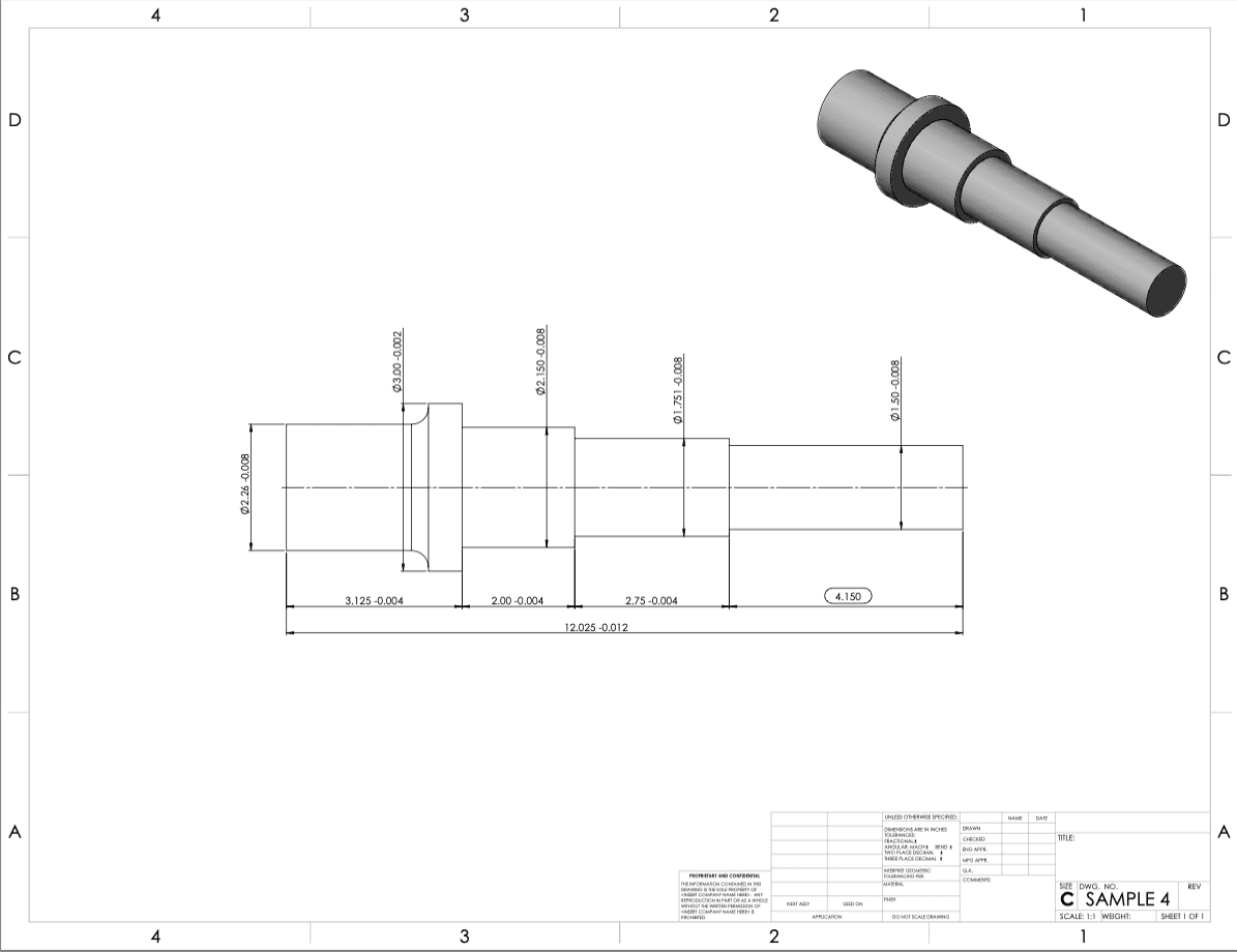 The same stepped shaft redrawn as a modern dimensioned CAD drawing, with a shaded 3D view of the solid model.
